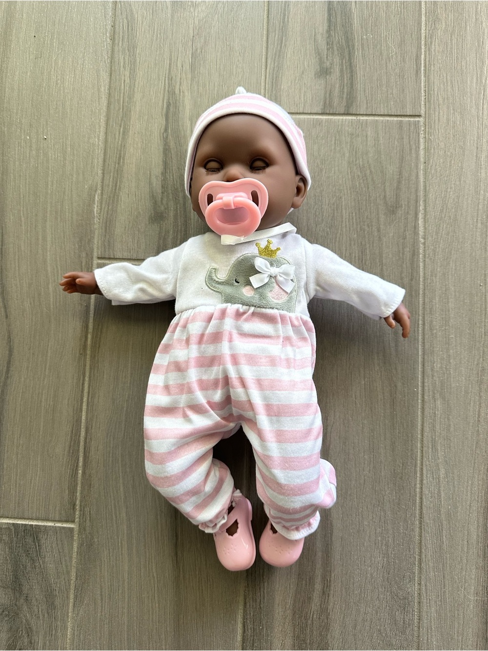 JC Berenguer  Baby Doll in Pink & White Striped Outfit with Elephant Detail